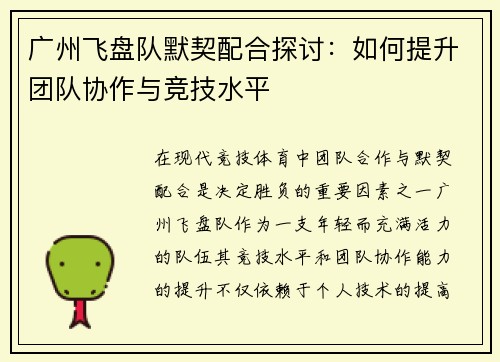 广州飞盘队默契配合探讨：如何提升团队协作与竞技水平