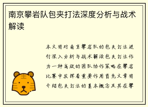 南京攀岩队包夹打法深度分析与战术解读