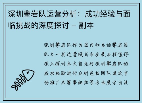 深圳攀岩队运营分析：成功经验与面临挑战的深度探讨 - 副本