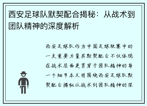 西安足球队默契配合揭秘：从战术到团队精神的深度解析
